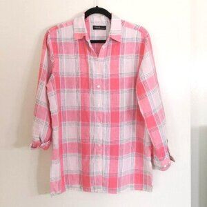 Valerie Stevens 100% Linen Roll Tab Sleeve Plaid Blouse/Top Size M